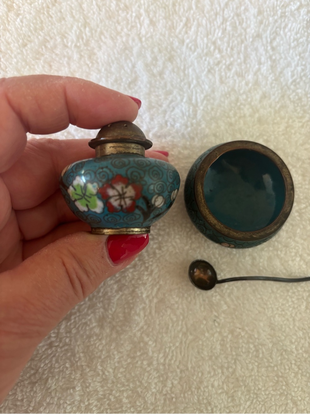 Vintage Chinese Teal Cloisonné Floral Salt Cellar with Spoon and Pepper Shaker